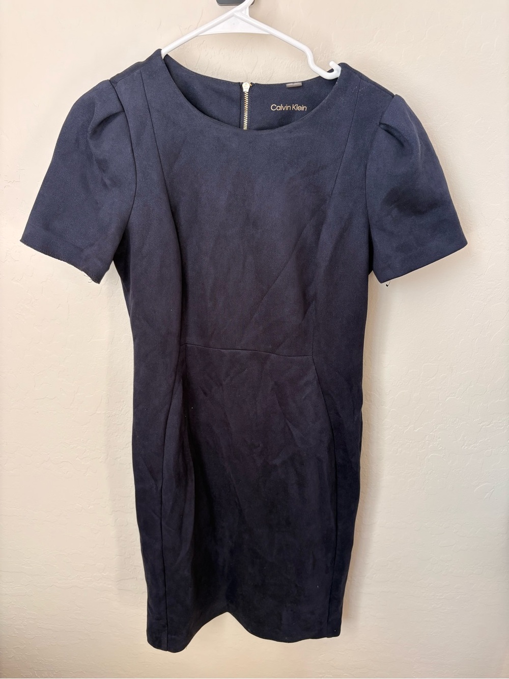 Calvin Klein Dark Navy Short-Sleeve Sheath Dress, Micro Suede